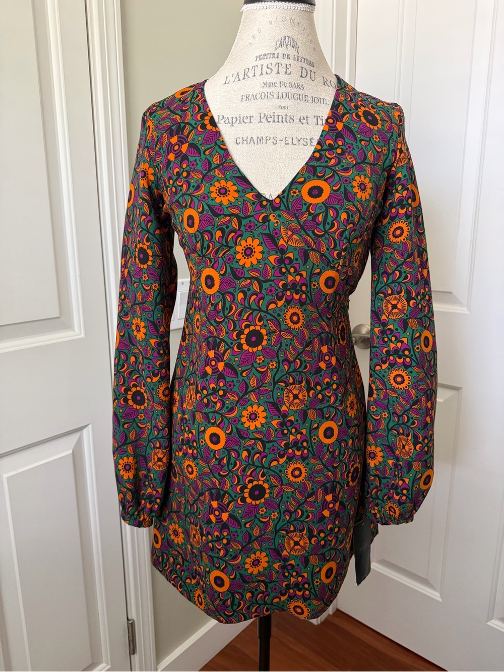 V-Neck Long Sleeve Floral Mini Dress